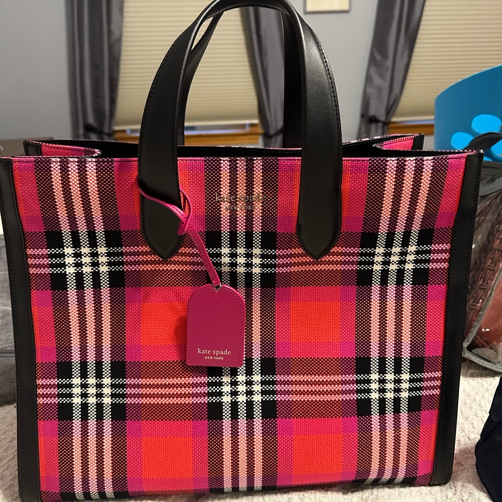 Kate Spade Manhattan Foliage plaid fabric large tote in Vibrant Pink and Black